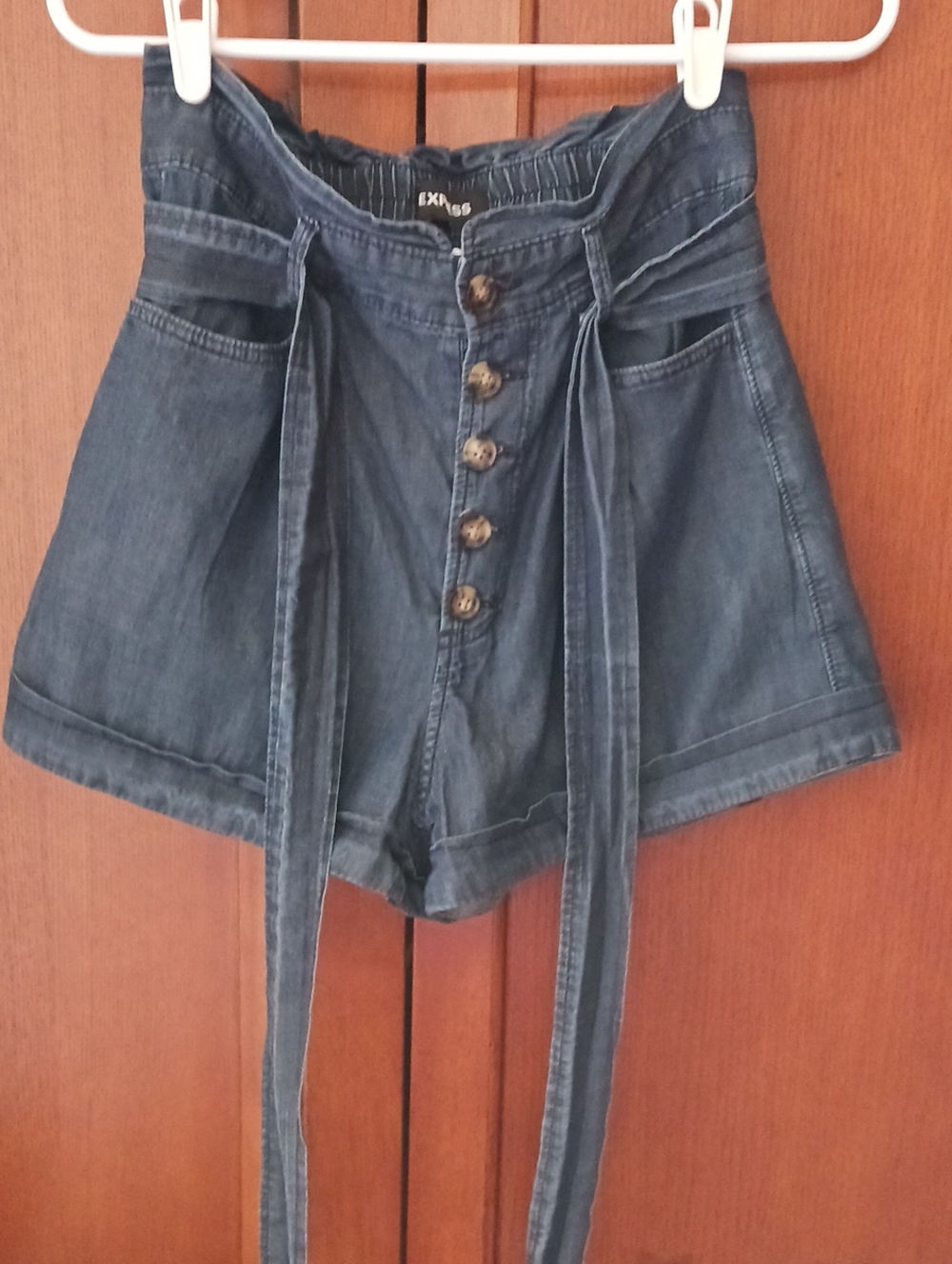 Express Shorties High Rise- Dark Blue Denim High-Waist Button Shorts